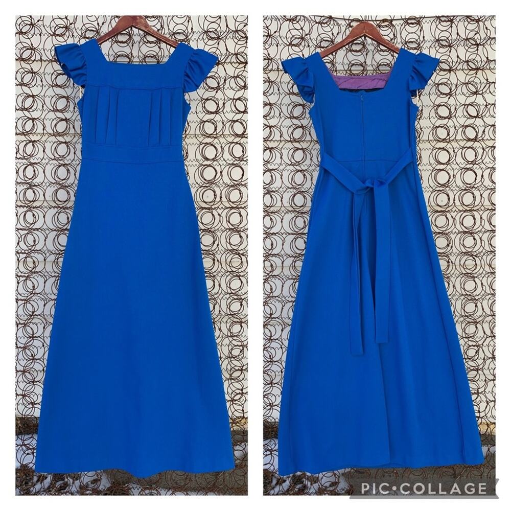 Vintage 60s 70s blue ruched bodice ruffle sleeve maxi dress size 11